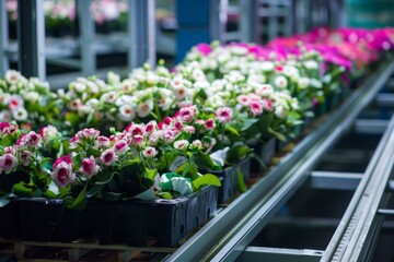 Flowers on a conveyor belt in a packaging facility demonstrate industry horticulture in an automated greenhouse setting - obrazy, fototapety, plakaty