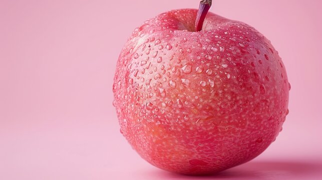  a close up of an apple on a pink background with drops of water on the top and bottom of the apple.