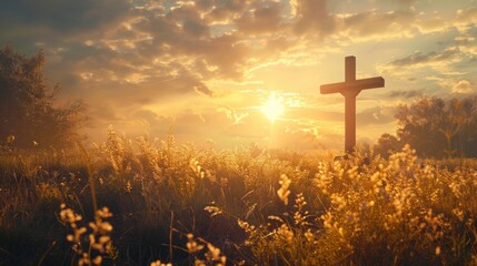 A cross standing in a field of tall grass. Suitable for religious themes or memorial concepts - obrazy, fototapety, plakaty