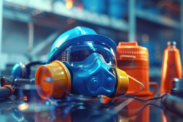 A blue gas mask placed on a table. Suitable for medical or industrial concepts - obrazy, fototapety, plakaty