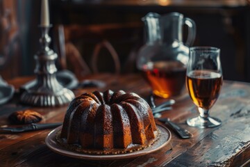 Rum cake with chocolate glaze on a wooden table paired with a dark beverage - obrazy, fototapety, plakaty