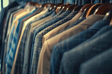 Obraz premium Row of shirts hanging on a rack, suitable for clothing store promotions