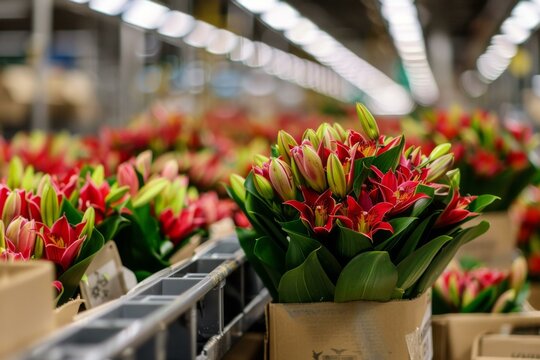 Flowers in a packaging facility among cardboard boxes and bouquets showing industry and distribution dynamics