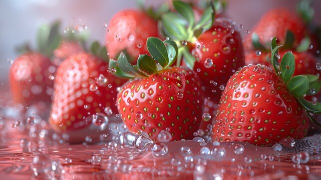  a close up of a group of strawberries with drops of water on the bottom of the picture and on the bottom of the picture.