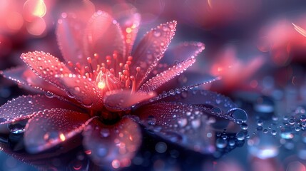 a close up of a pink flower with drops of water on the petals and on the petals is a blurry background.