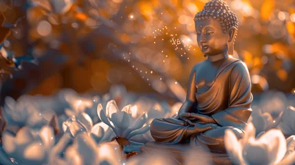 Zelfklevend Fotobehang Buddha in golden serenity under a magnolia canopy blue-tits in motion © Pungu x