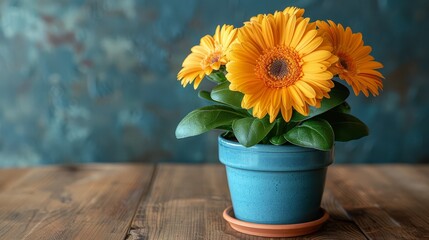  a bright yellow sunflower in a blue pot on a wooden table in front of a blue and blue wall.