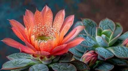  a close up of a flower on a plant next to another plant with green leaves and red and white flowers.