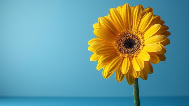  a close up of a yellow flower on a blue background with a blurry image of the center of the flower.