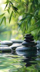 Tranquil bamboo and balanced stones scene spa setting with lush green and reflective water