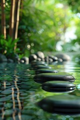 Obraz na płótnie Canvas Spa serenity with bamboo and stones lush green background