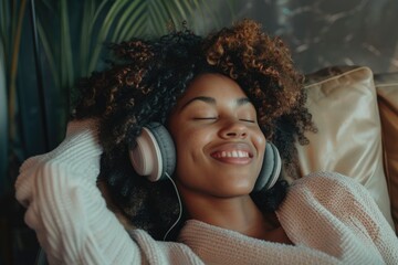 Woman laying on couch with headphones, perfect for lifestyle or leisure concepts - obrazy, fototapety, plakaty
