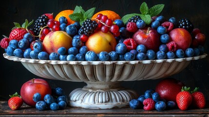  a white bowl filled with lots of fruit on top of a wooden table with blueberries, peaches, raspberries, and oranges.