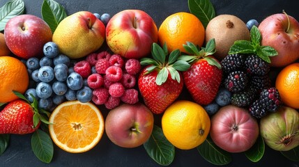  a bunch of fruit that are on top of a black surface and some oranges, apples, blueberries, raspberries, strawberries, and lemons.