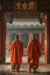 Two monks in orange robes walking through a building. Suitable for cultural and spiritual concepts - obrazy, fototapety, plakaty