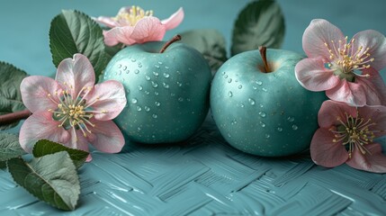 a couple of green apples sitting next to each other on top of a blue table covered in leaves and flowers.