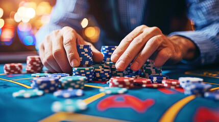 A close-up of a mans hands expertly shuffling a deck of cards at a poker table