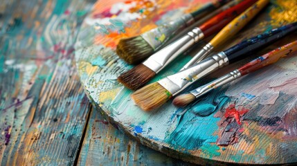 Obraz premium Artist paintbrushes on water colors palette .Studio shot on wooden background and vintage styled. Photo of Art or abstract concept.