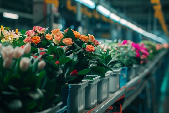 Flowers in a packaging facility on conveyor with tulips and roses indicating industry production