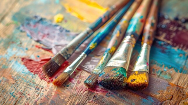 Artist paintbrushes on water colors palette .Studio shot on wooden background and vintage styled. Photo of Art or abstract concept.