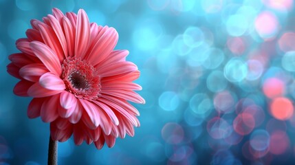  a close up of a pink flower in front of a blue and pink boke of lights in the background.