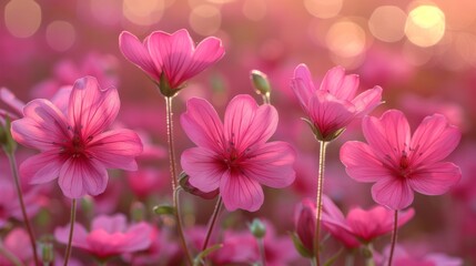  a bunch of pink flowers that are blooming in a field with a boke of light in the background.