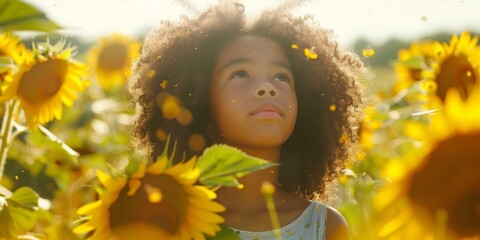 National Asthma and Allergy Awareness Month. A teenage girl of mixed race in a sunflower field, the air around her thick with pollen. Flower pollen is a strong allergen. - obrazy, fototapety, plakaty
