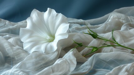  a white flower sitting on top of a bed next to a green stem on top of a white bed sheet.