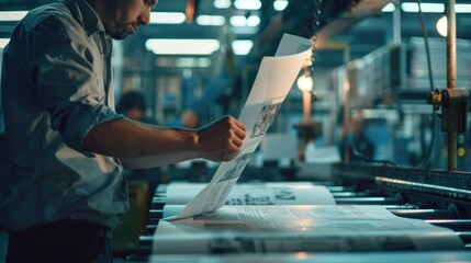 A man reading a newspaper in a factory setting. Ideal for industrial, business, and news-related concepts - obrazy, fototapety, plakaty
