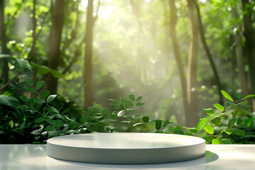 3d render of a white marble podium in a green forest.