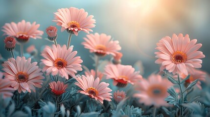  a group of pink daisies in a field of green grass with the sun shining through the sky in the background.