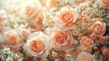  a bunch of pink roses with baby's breath and baby's breath flowers in the middle of them.