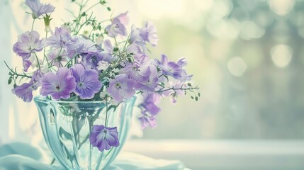 Beautiful purple flowers bunch on table glass in summer season. : Photo in vintage style.