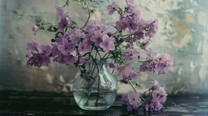 Beautiful purple flowers bunch on table glass in summer season.
