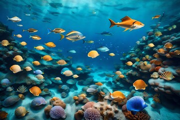 coral reef with fish, Dive into the depths of imagination with an AI-generated image showcasing a nautical marine underwater scene, complete with sandy ocean floors adorned with shells and stars