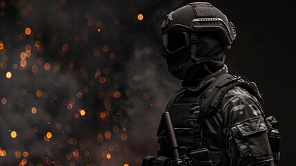 Fototapeta premium Special forces in parametric knitted tactical gear. The face is not shown and from the side view.