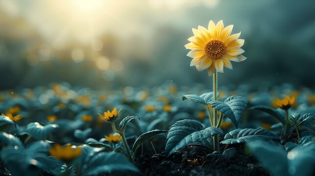  a sunflower in a field of sunflowers with the sun shining through the clouds in the back ground.