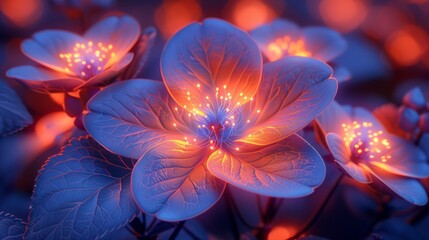  a close up of a bunch of flowers with lights in the middle of the petals and leaves on the stems. - obrazy, fototapety, plakaty