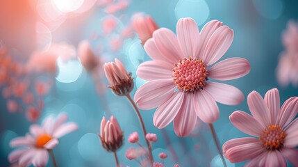 a bunch of pink flowers that are on a blue and pink background with some blurry lights in the background.