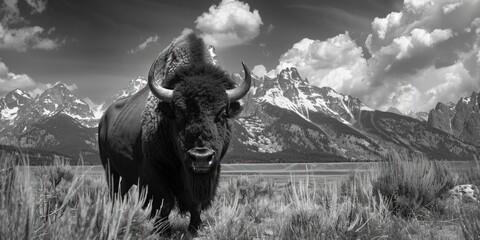 A black and white photo of a bison in a field. Suitable for nature and wildlife themes