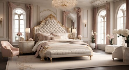 Luxury bedroom interior with rich furniture and scenic view from walkout deck