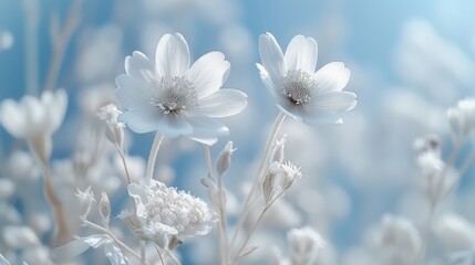  a close up of a bunch of flowers on a blue background with white flowers in the foreground and a blue sky in the background.