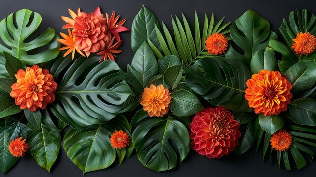  a group of orange and red flowers surrounded by green leaves on a black background with space for text or image.