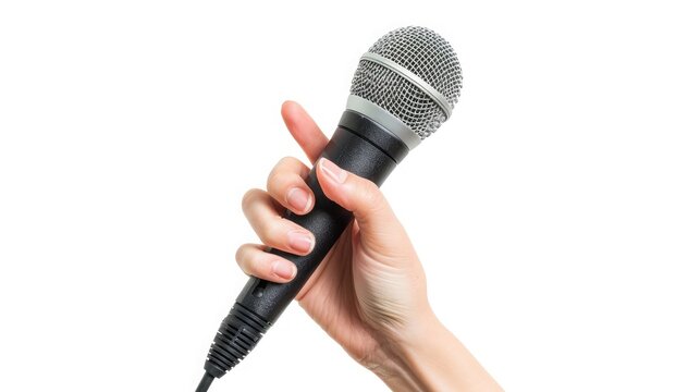 Female hand holding a microphone isolated on white background