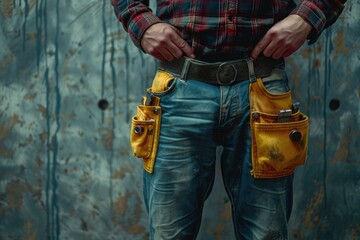 A man in a plaid shirt holding a tool belt, suitable for construction or DIY projects - obrazy, fototapety, plakaty