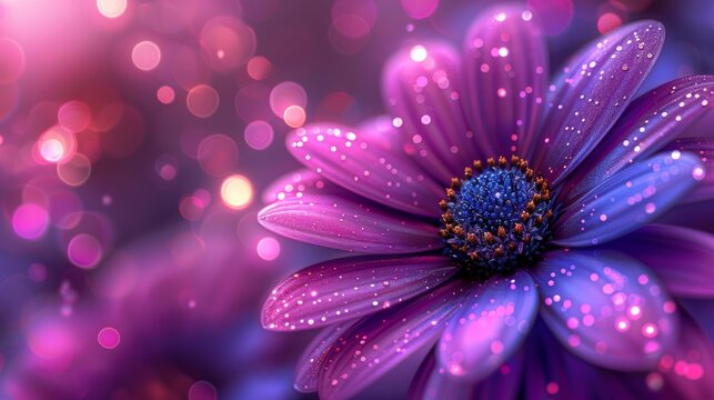  a close up of a purple flower with drops of water on the petals and a blurry background behind it.