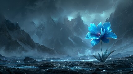  a blue flower sitting in the middle of a rocky area next to a body of water with mountains in the background. - obrazy, fototapety, plakaty