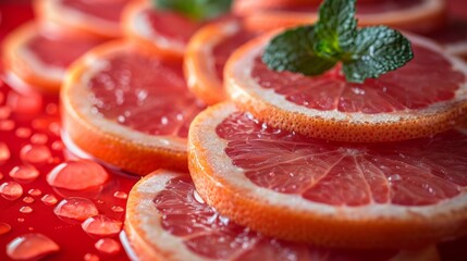  a close up of a bunch of grapefruits with a green leaf on top of the grapefruit.