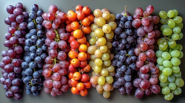  a bunch of grapes sitting on top of a table next to a bunch of oranges and grapes on top of a table.