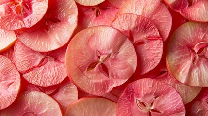  a pile of sliced up pink apples sitting on top of a pile of other cut up apples on top of each other.